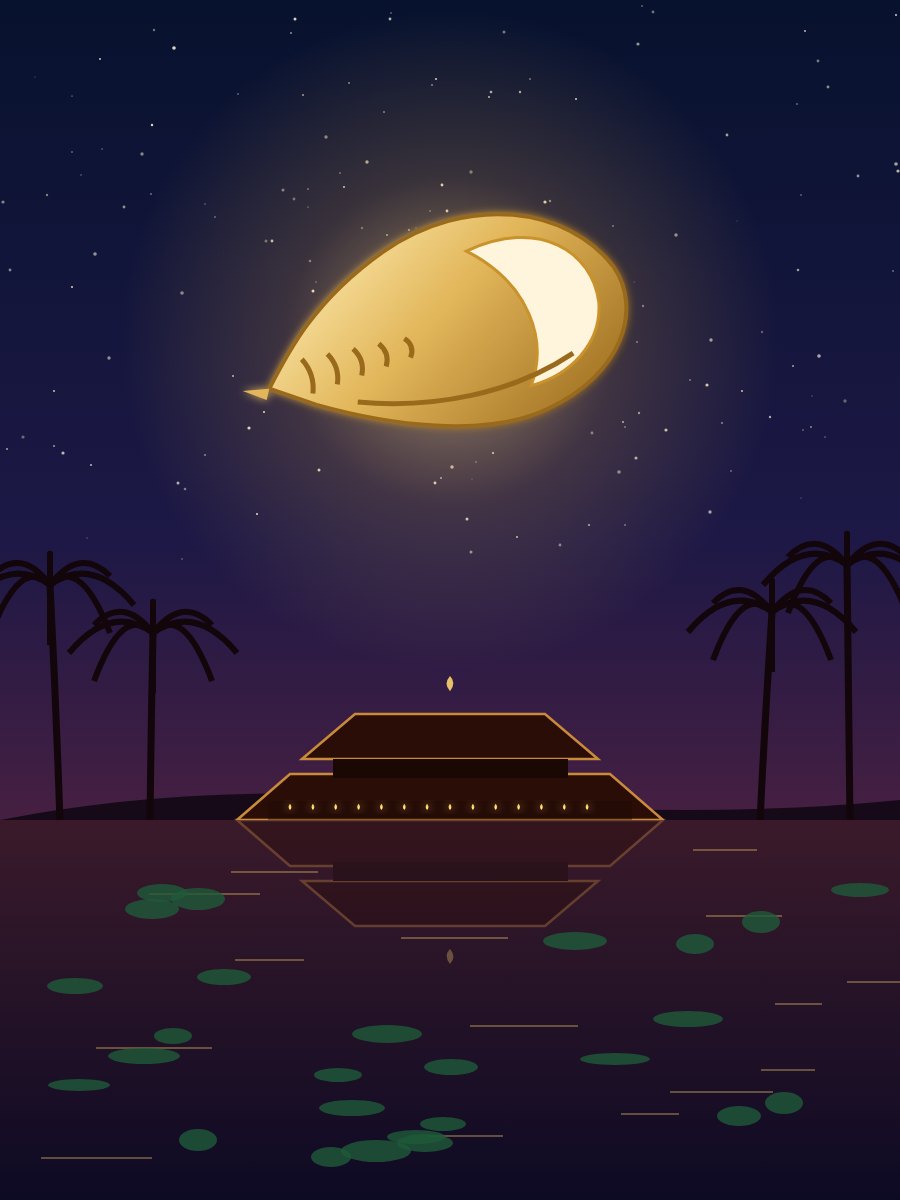 Illustration: the temple beside its great pond, under Sangameswara's conch